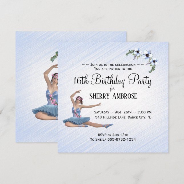 Ballerina in Blue Birthday Party Invitation  (Front/Back)