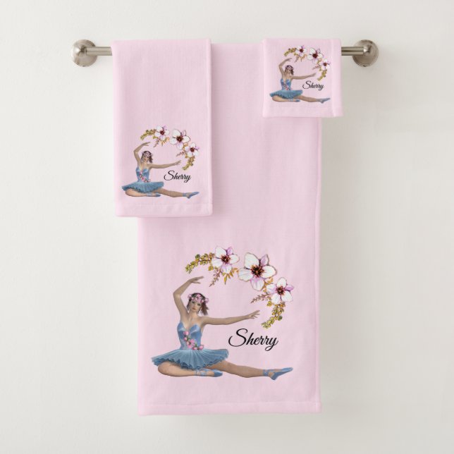 Ballerina in Blue on Pink Personal Name  Bath Towel Set (Insitu)