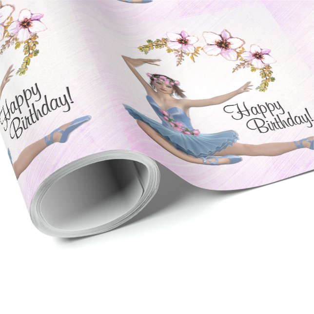 Ballerina in Blue on Pink Personalize Birthday  Wrapping Paper (Roll Corner)