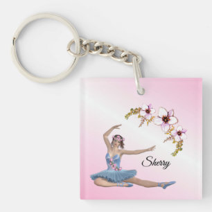 Ballerina in Blue Personal Name on pink Keychain