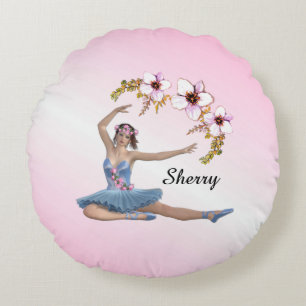 Ballerina in Blue Personal Name on Pink Round Pillow