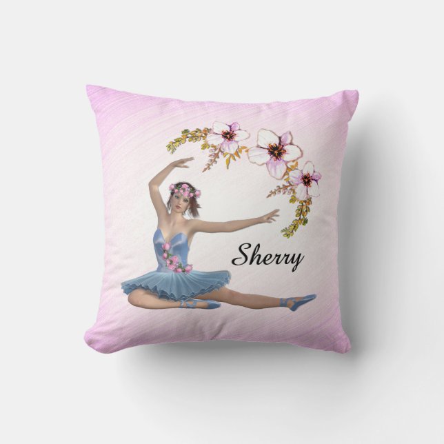Ballerina in Blue Personal Name on pink Throw Pillow (Front)