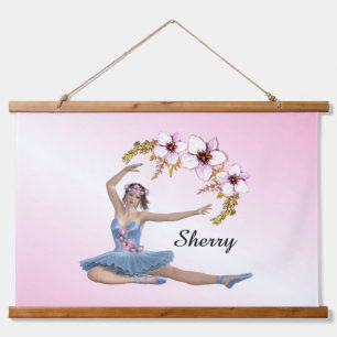 Ballerina in Blue Personal Name Pink Accent Hanging Tapestry