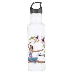 Ballerina in Blue Personal Name Pink Flowers 710 Ml Water Bottle