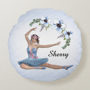 Ballerina in Blue Personal Name Round Pillow