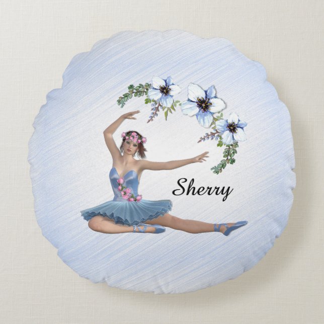 Ballerina in Blue Personal Name Round Pillow (Front)