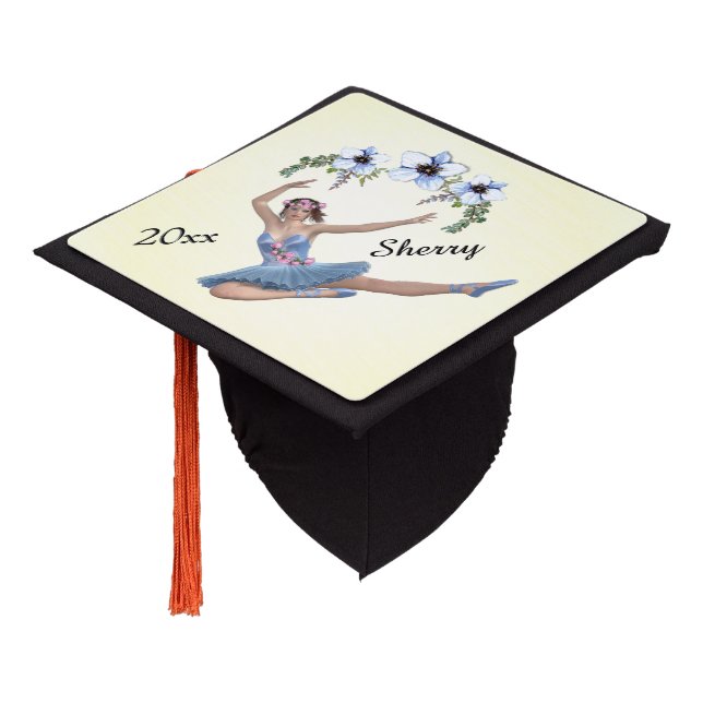 Ballerina in Blue Personal Name Year Yellow Graduation Cap Topper (Angled)