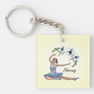 Ballerina in Blue Personal Name Yellow Keychain