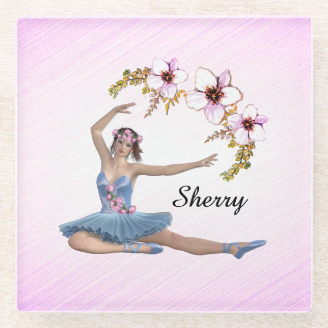 Ballerina in Blue Personal Pink Glass Coaster (Front)