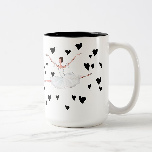 Ballerina Jumping Dancing between Black Hearts Two-Tone Coffee Mug (Right)