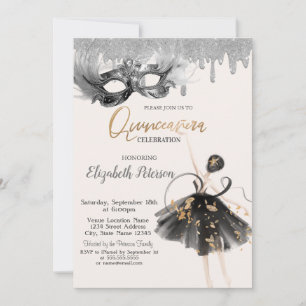  Ballerina Masque Glitter Drips Quinceanera Invitation
