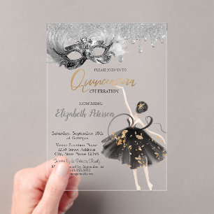  Ballerina Masque Glitter Drips Silver Quinceanera Acrylic Invitations