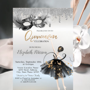  Ballerina Masque Glitter Drips Silver Quinceanera Invitation