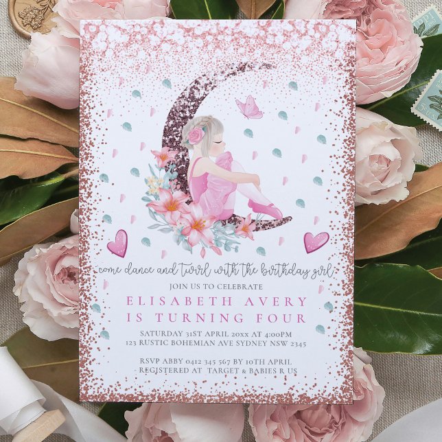 Ballerina Moon Pastel Pink Glitter Birthday Invitation (Creator Uploaded)