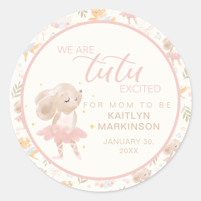 Ballerina Mouse Tutu Excited Baby Shower Classic Round Sticker (Front)