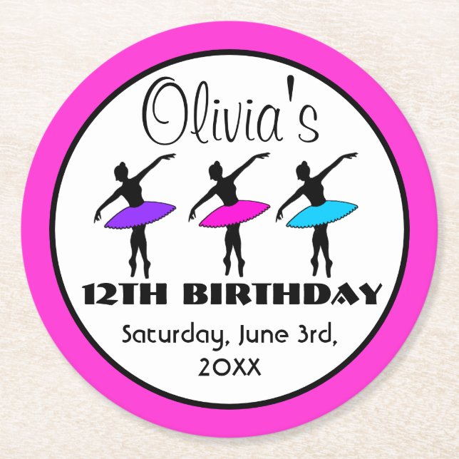 Ballerina Neon Ballet Dancers Dance Birthday Party Round Paper Coaster (Front)