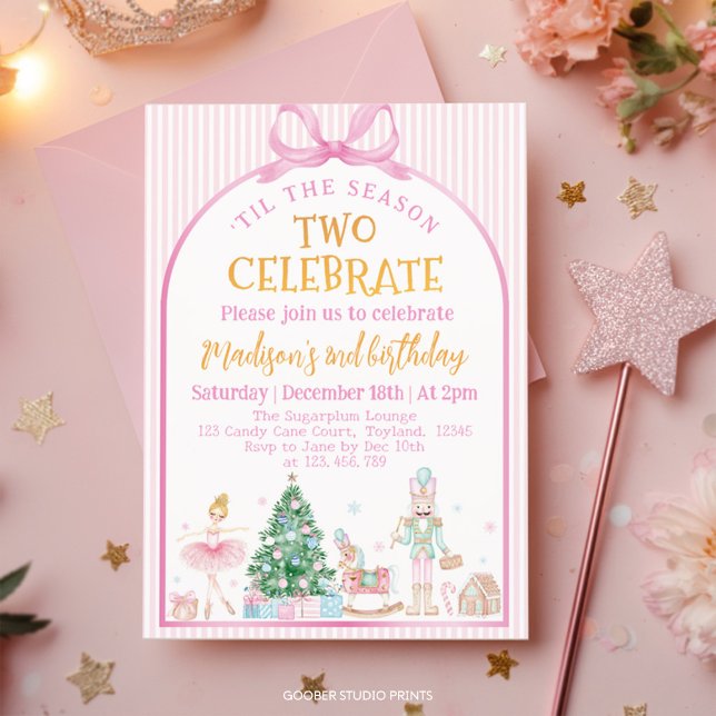 Ballerina Nutcracker Christmas Pink Bow Birthday Invitation (Creator Uploaded)