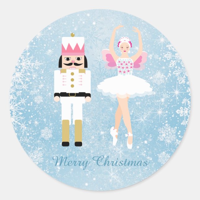 Ballerina & Nutcracker on blue Christmas Classic Round Sticker (Front)