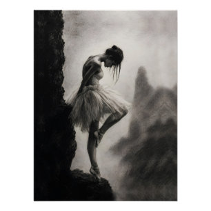 Ballerina on Cliff Edge Monochrome Dramatic Art  Poster