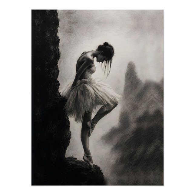 Ballerina on Cliff Edge Monochrome Dramatic Art  Poster (Front)