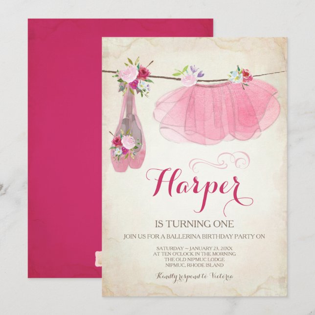Ballerina Party Invitation Pink Tutu Ballet Shoes (Front/Back)