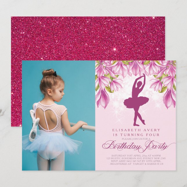 Ballerina Photo Pink Birthday Invitation (Front/Back)
