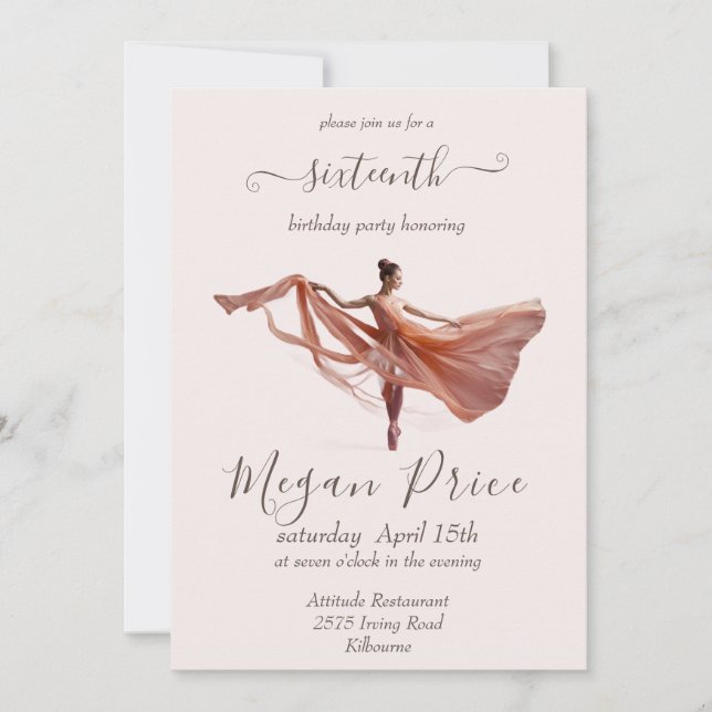 Ballerina pink and brown, sixteen birthday  invitation (Front)