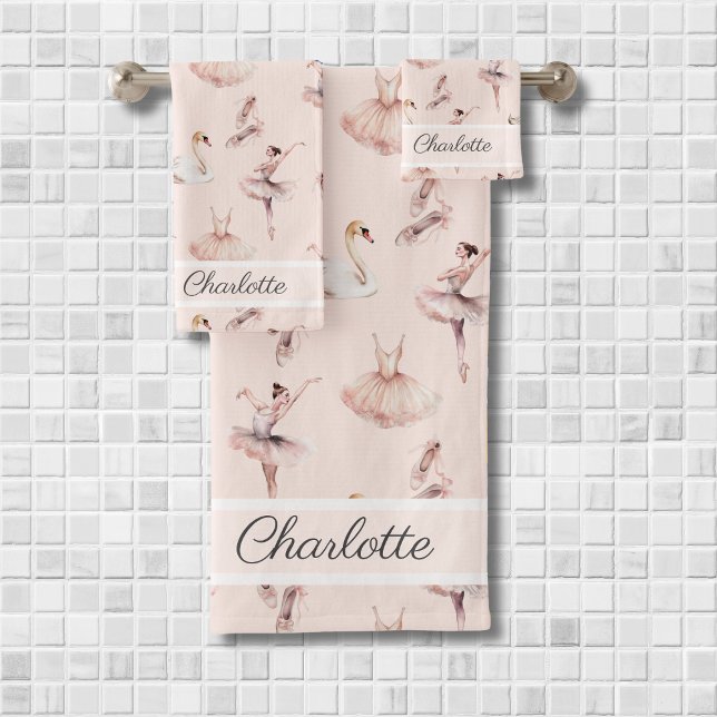 Ballerina Pink Ballet Shoes Personalized Name Bath Towel Set (Creator Uploaded)