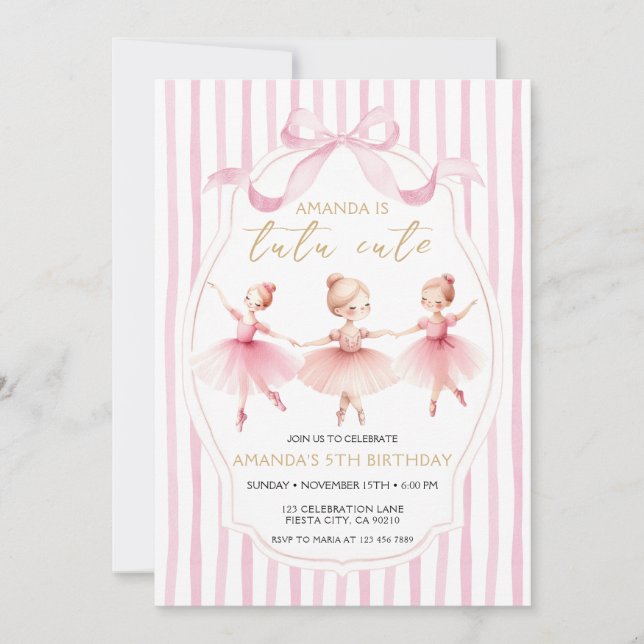  Ballerina Pink Bow Tutu Cute Birthday Invitation (Front)