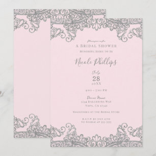 Ballerina Pink Silver Lace Elegant Bridal Shower   Invitation