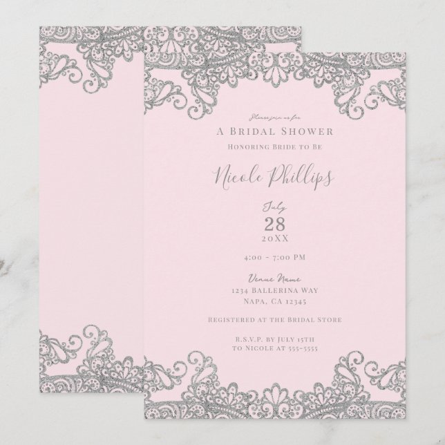 Ballerina Pink Silver Lace Elegant Bridal Shower   Invitation (Front/Back)