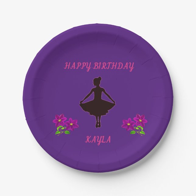 Ballerina purple birthday paper plate, custom name paper plate (Front)