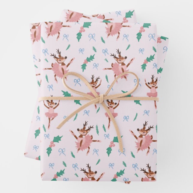 Ballerina Reindeer and Bows Christmas Wrapping Paper Sheet (In situ)