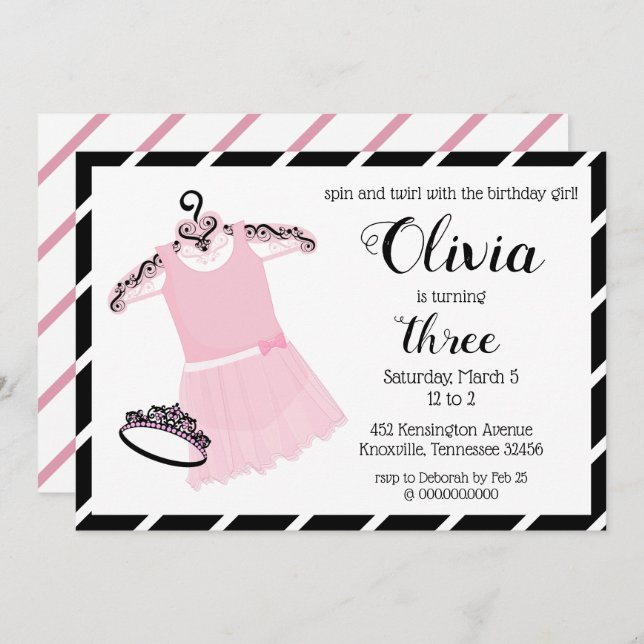 Ballerina rose et noire mignonne Invitation d'anni (Devant / Derrière)
