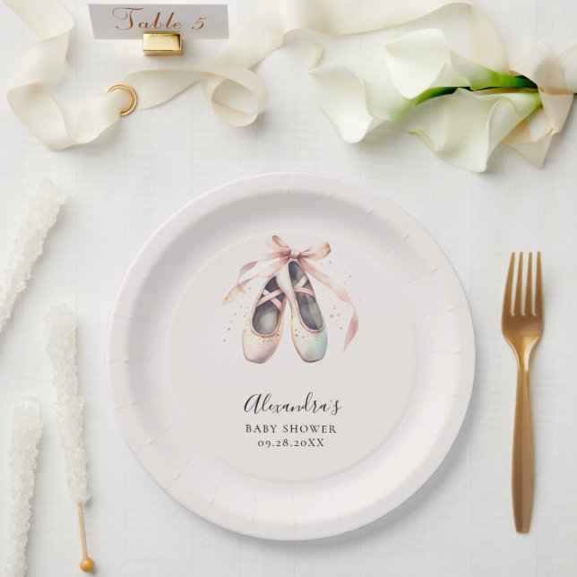 Ballerina Shoes Pink Bow Gold Baby Girl Shower Paper Plate (Wedding)