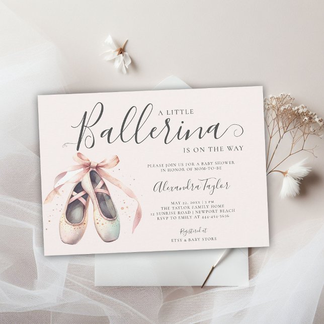 Ballerina Shoes Ribbons Pink Gold Baby Girl Shower Invitation (little ballerina baby girl shower invitation pink blush gold bow ballet shoes watercolor cute girly)
