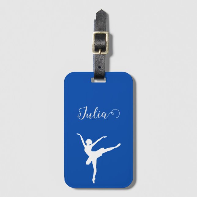 ballerina silhouette  cobalt  blue & white luggage tag (Front Vertical)