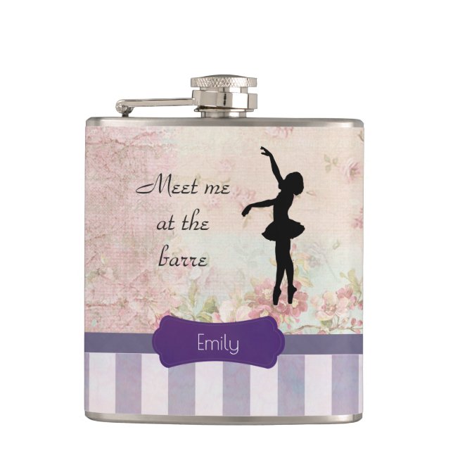 Ballerina Silhouette on Elegant Vintage Pattern Hip Flask (Front)