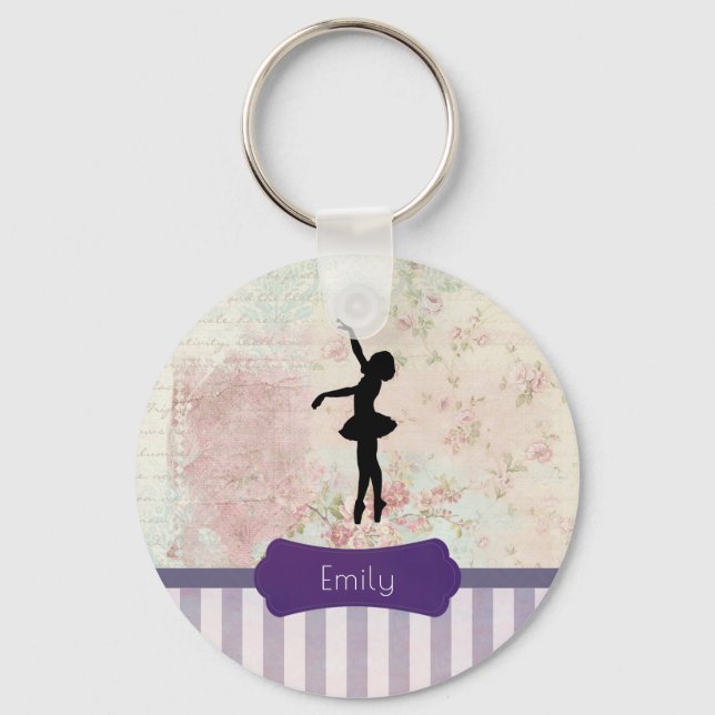 Ballerina Silhouette on Elegant Vintage Pattern Keychain (Front)