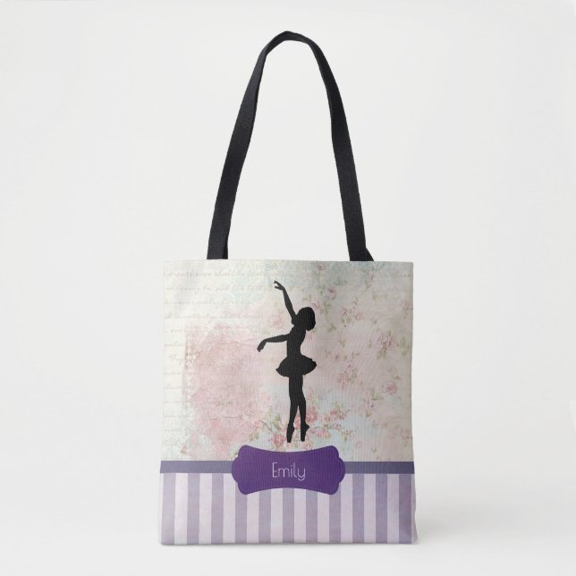 Ballerina Silhouette on Elegant Vintage Pattern Tote Bag (Front)