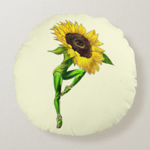 Ballerina Sunflower Ballet Dancer Round Pillow