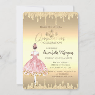 Ballerina,Tiara,Glitter Drips Gold Quinceañera Invitation