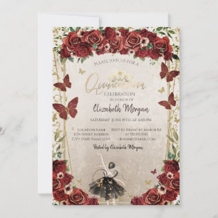 Ballerina,Tiara,Red Flowers Quinceañera Invitation