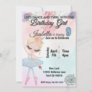 Ballerina turning nine birthday invitation