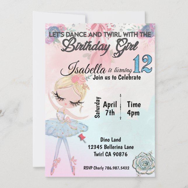 Ballerina turning twelve birthday invitation (Front)