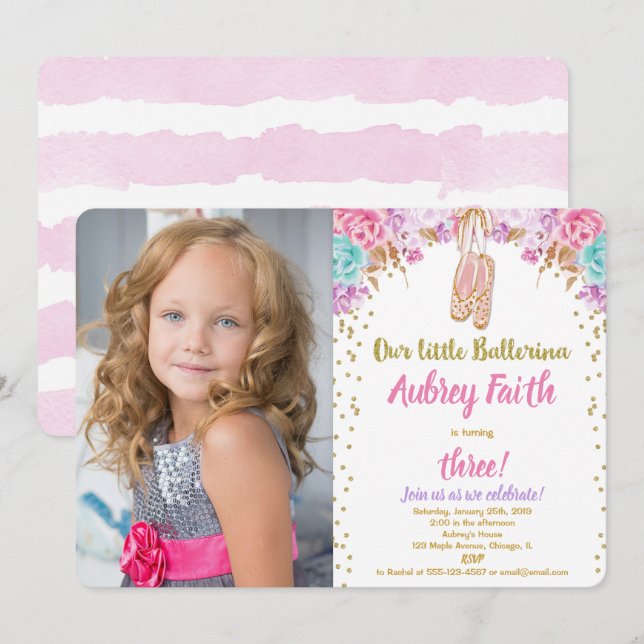 Ballerina tutu birthday pink gold teal photo invitation (Front/Back)