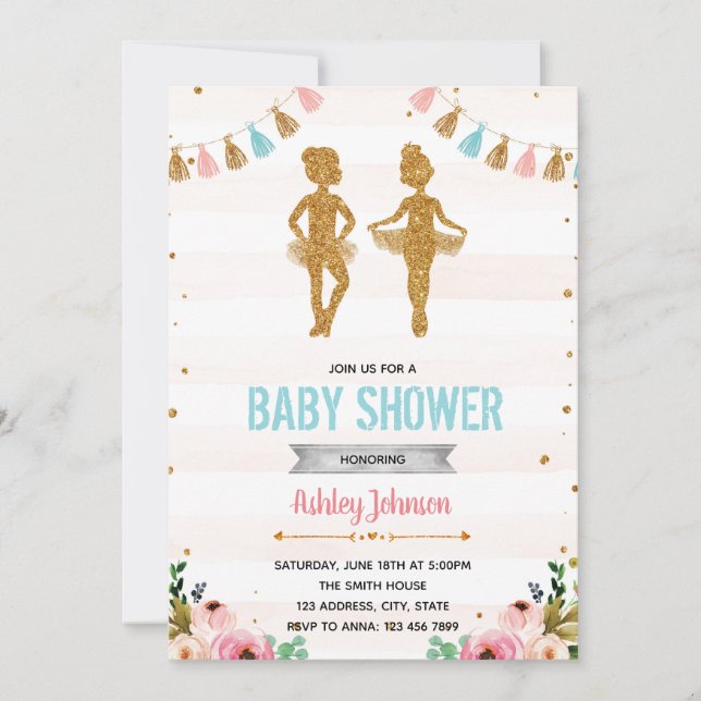 Ballerina twin shower party INVITATION (Front)