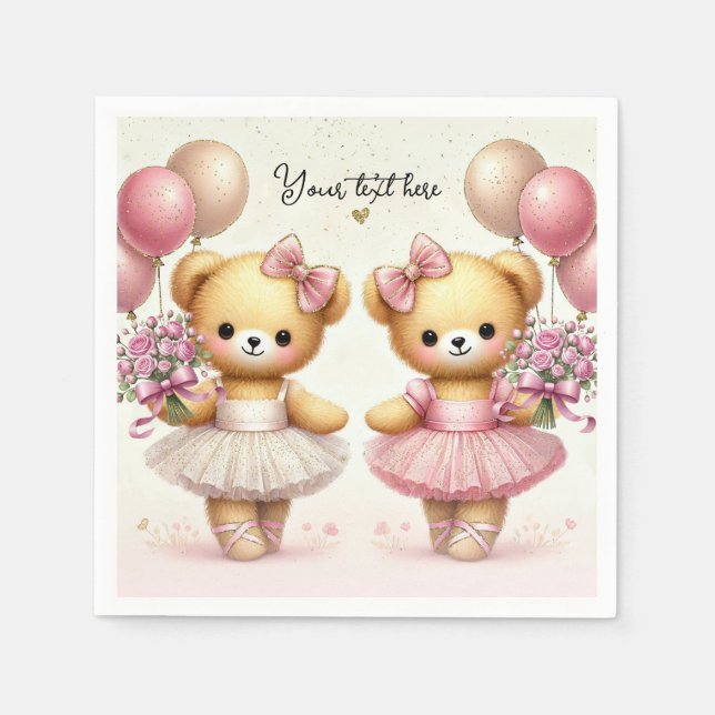 Ballerina Twinkle Toes Twin Bears Birthday Party Napkin (Front)