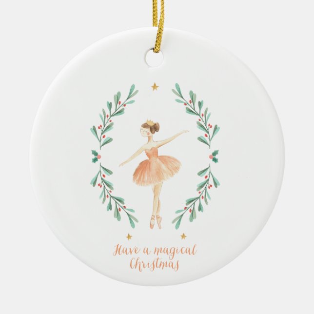ballerina watercolor botanical cute Christmas Ceramic Ornament (Front)