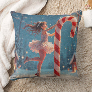 Ballerina Young Girl, Santa's Candy Cane Christmas Throw Pillow